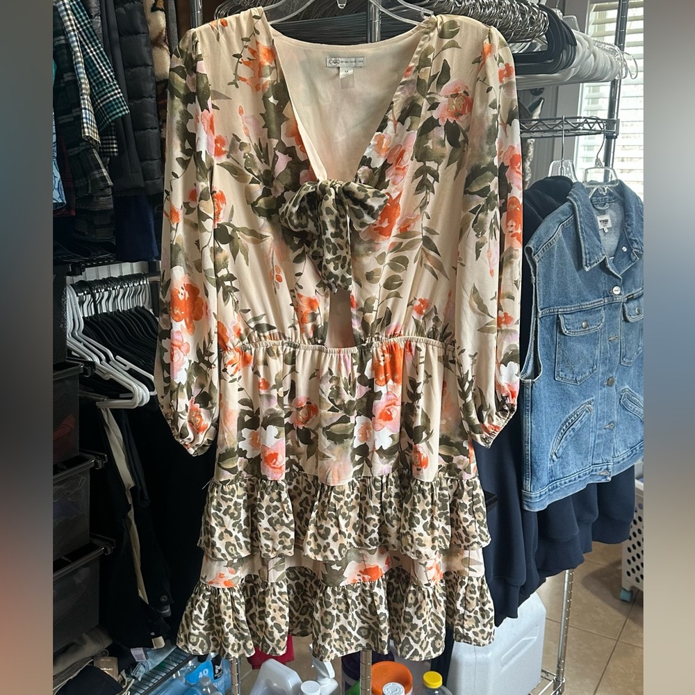 Cato Floral & Leopard Print Midi Dress in Cream and Olive with Coral Accents